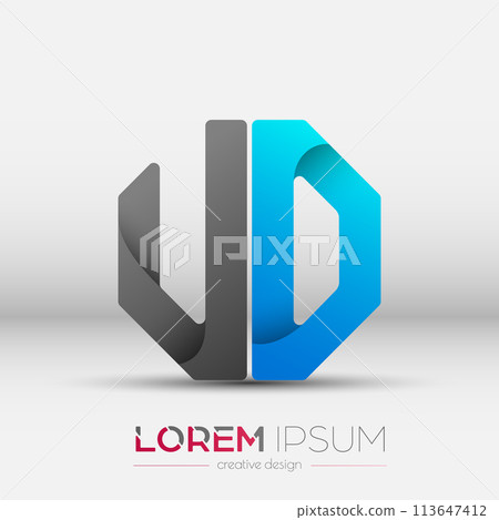 Letters of the alphabet U and D. The color letter composition of the octagon. A template for a logo, monogram, brand, or stand. A creative idea 113647412