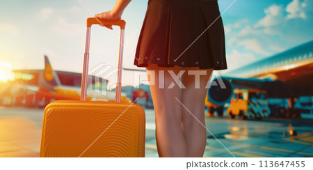 Legs of young woman with suitcase Legs of young woman with suitcase 113647455