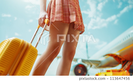 Legs of young woman with suitcase 113647456