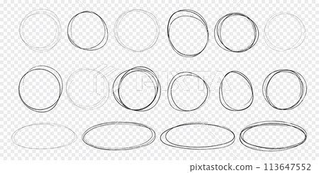 Circle scrible circular frame, fast mark, pencil line doodle frame. Ring, oval sketch highlight sphere on transparent background.  113647552