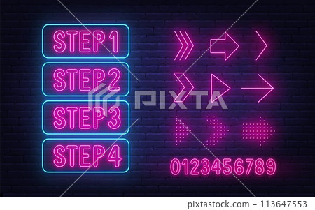 Neon sign step 1,2,3,4 with number and arrows  on brick wall background. 113647553