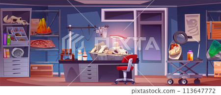 Archeology lab interior with fossils 113647772