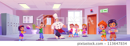 School hallway interior with kids and chef vector 113647834