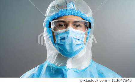 Doctors wearing virus protection suits to prevent infection 113647843