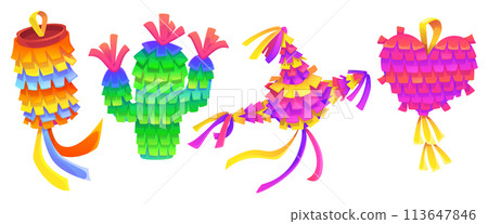 Mexican pinatas set isolated on white background Mexican pinatas set isolated on white background 113647846