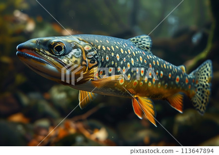 Predatory pike fish swims along the bottom of the river Predatory pike fish swims along the bottom of the river 113647894