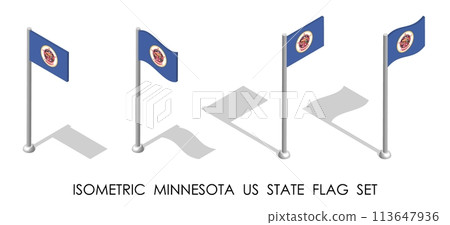 Isometric Minnesota US state in static position and in motion on flagpole. Minnesota map pin mark. 3d vector isolated on white background Isometric Minnesota US state in static position and in motion on flagpole. Minnesota map pin mark. 3d vector isolated on white background 113647936
