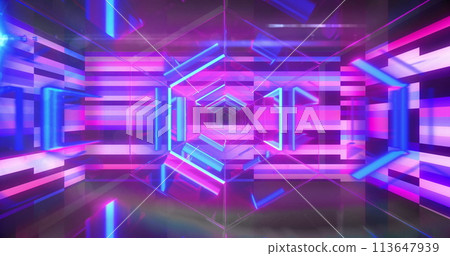 Image of neon shapes moving and digital tunnel on black background Image of neon shapes moving and digital tunnel on black background 113647939