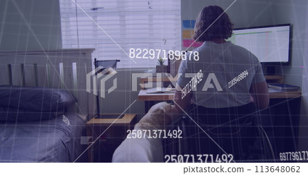 Image of data processing over disabled cuacasian man sitting in wheelchair using computer 113648062