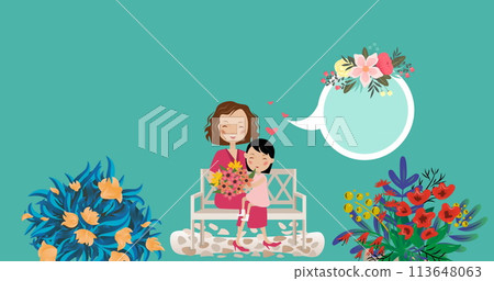 Image of mum and child over speech bubble with copy space and flowers moving in hypnotic motion Image of mum and child over speech bubble with copy space and flowers moving in hypnotic motion 113648063