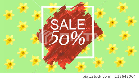 Image of sale 50 percent text over red smudges and flowers moving in hypnotic motion Image of sale 50 percent text over red smudges and flowers moving in hypnotic motion 113648064