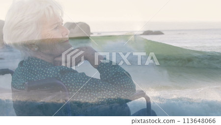 Image of sea landscape over disabled cuacasian woman sitting in wheelchair Image of sea landscape over disabled cuacasian woman sitting in wheelchair 113648066