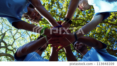 Diverse group of volunteers stack hands outdoors, with copy space 113648109