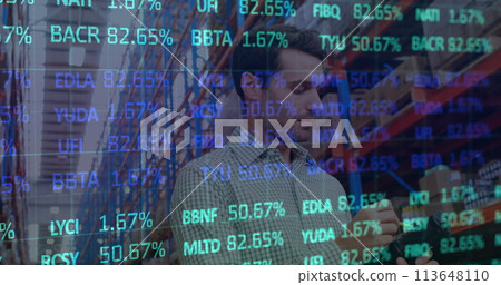 Image of stock market over caucasian worker in warehouse 113648110