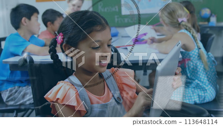 Image of data processing over disabled biracial schoolgirl sitting in wheelchair Image of data processing over disabled biracial schoolgirl sitting in wheelchair 113648114
