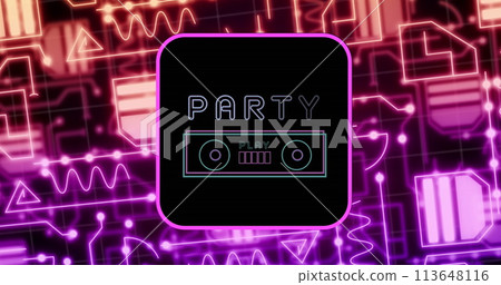 Image of party text, data processing over computer circuit board Image of party text, data processing over computer circuit board 113648116