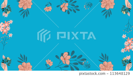 Image of flowers moving in hypnotic motion with copy space on blue background 113648129