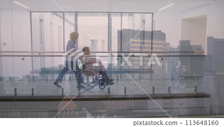 Image of city over biracial nurse with patient in wheelchair 113648160