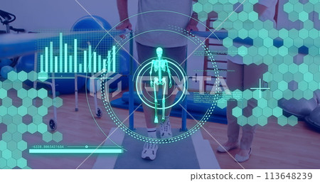 Image of scope scanning and data processing over caucasian man with physiotherapist 113648239