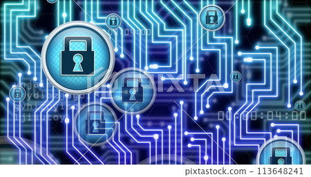 Image of online security padlocks, data processing over computer circuit board 113648241