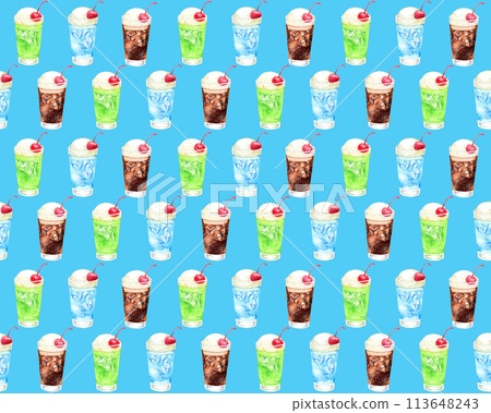 Soda float pattern Hand-drawn watercolor illustration textile Soda float pattern Hand-drawn watercolor illustration textile 113648243