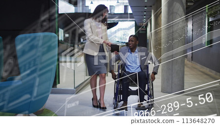 Image of data processing over disabled african american man with caucasian business colleague 113648270