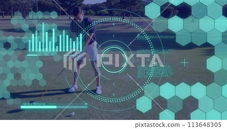 Image of scope scanning and data processing over caucasian man playing golf 113648305