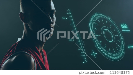 Image of scope scanning and data processing over biracial man playing basketball Image of scope scanning and data processing over biracial man playing basketball 113648375