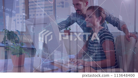 Image of financial data processing over business people using computer in meeting 113648400