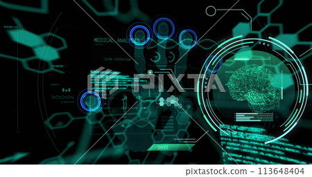 Image of data processing and brain with handprint on black background Image of data processing and brain with handprint on black background 113648404