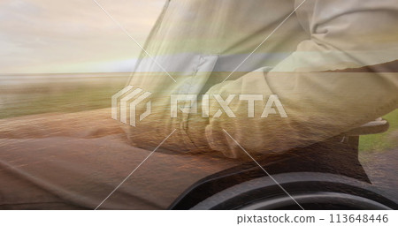 Image of sea landscape over disabled cuacasian man sitting in wheelchair Image of sea landscape over disabled cuacasian man sitting in wheelchair 113648446