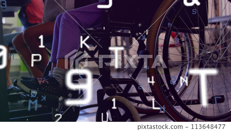 Image of data processing over disabled african american schoolgirl sitting in wheelchair 113648477