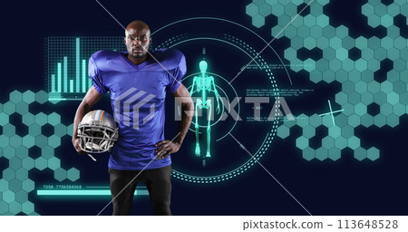 Image of scope scanning and data processing over african american male american football player Image of scope scanning and data processing over african american male american football player 113648528