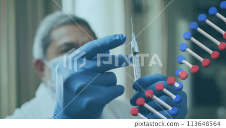 Dna structure spinning against male senior doctor tapping on syringe to remove air bubbles Dna structure spinning against male senior doctor tapping on syringe to remove air bubbles 113648564