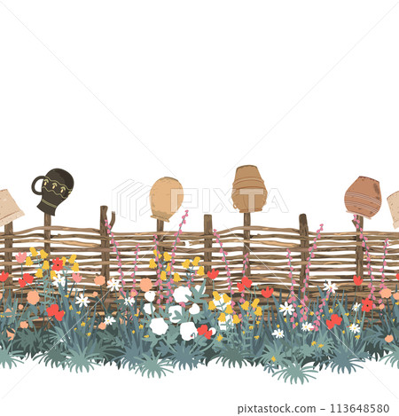 Flowers and wicker fence made of flexible willow or hazel wood decorated with vintage clay pots, seamless pattern, vector isolated illustration. Wooden border design element 113648580