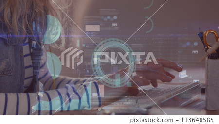 Image of clock, statistics and financial data processing over businesswoman using comptuer Image of clock, statistics and financial data processing over businesswoman using comptuer 113648585