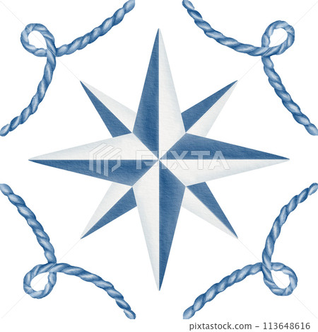 Wind Rose in symmetrical composition with a twisted nautical rope in blue and white,traditional for Portugal ceramic tiles.Watercolor illustration.For stickers,stationery,textiles. Wind Rose in symmetrical composition with a twisted nautical rope in blue and white,traditional for Portugal ceramic tiles.Watercolor illustration.For stickers,stationery,textiles. 113648616