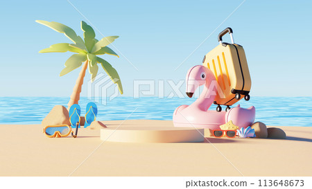 3D render, minimal Summer background with empty podium or pedestal platform for showing product, cosmetic scene for mock up, beach swim elements decoration. 113648673