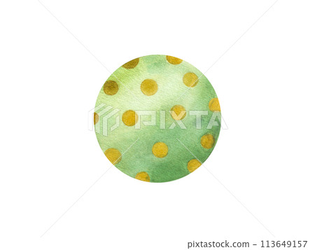 Kid green Ball in yellow dots. Rubber balls for beach volleyball, child play and water games. Watercolor illustration of beachball of beachball. Use for poster, sticker, print Kid green Ball in yellow dots. Rubber balls for beach volleyball, child play and water games. Watercolor illustration of beachball of beachball. Use for poster, sticker, print 113649157
