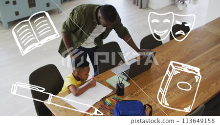 Image of books and masks over african american father helping son with homework Image of books and masks over african american father helping son with homework 113649158