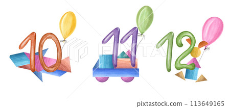 Numbers from 10 to 12 with kid wood toys and colors balloons. Wooden train, car, animal decorated balloon and number. Watercolor illustration for design of children party 113649165