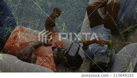 Image of constellations over happy african american father wearing vr headset 113649182