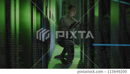 Image of data processing over caucasian female it engineer with tablet checking computer servers 113649200