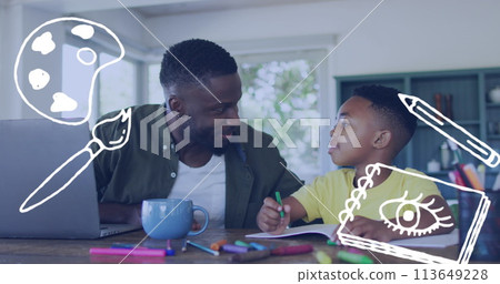 Image of painting icons over happy african american father and son doing homework 113649228