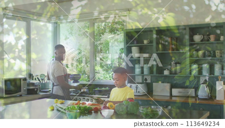 Image of leaves over happy african american father and son cooking together Image of leaves over happy african american father and son cooking together 113649234