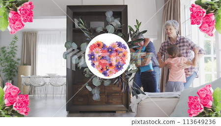 Image of flower heart in round shape over happy caucasian grandparents and granddaughter 113649236