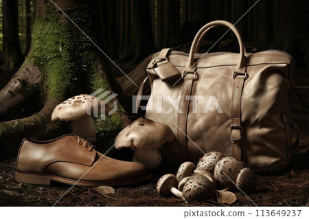 Eco-friendly mushroom leather fashion items showcased in a natural forest setting 113649237