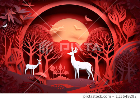 Enchanting red-paper forest scene with elegant deer and birds against a glowing sunset 113649292