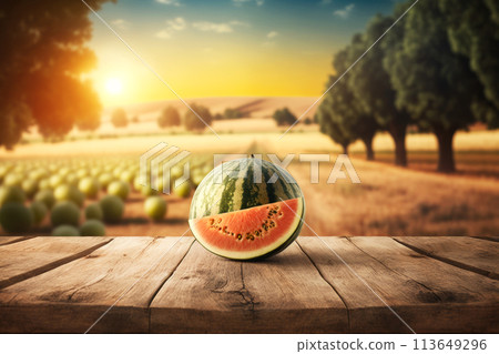 Ripe watermelon slice on a rustic wooden table 113649296