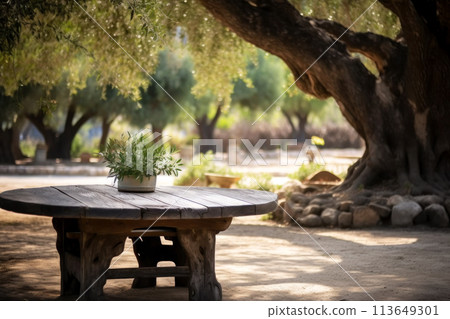 An old vintage table with carved legs under an old large olive tree An old vintage table with carved legs under an old large olive tree 113649301